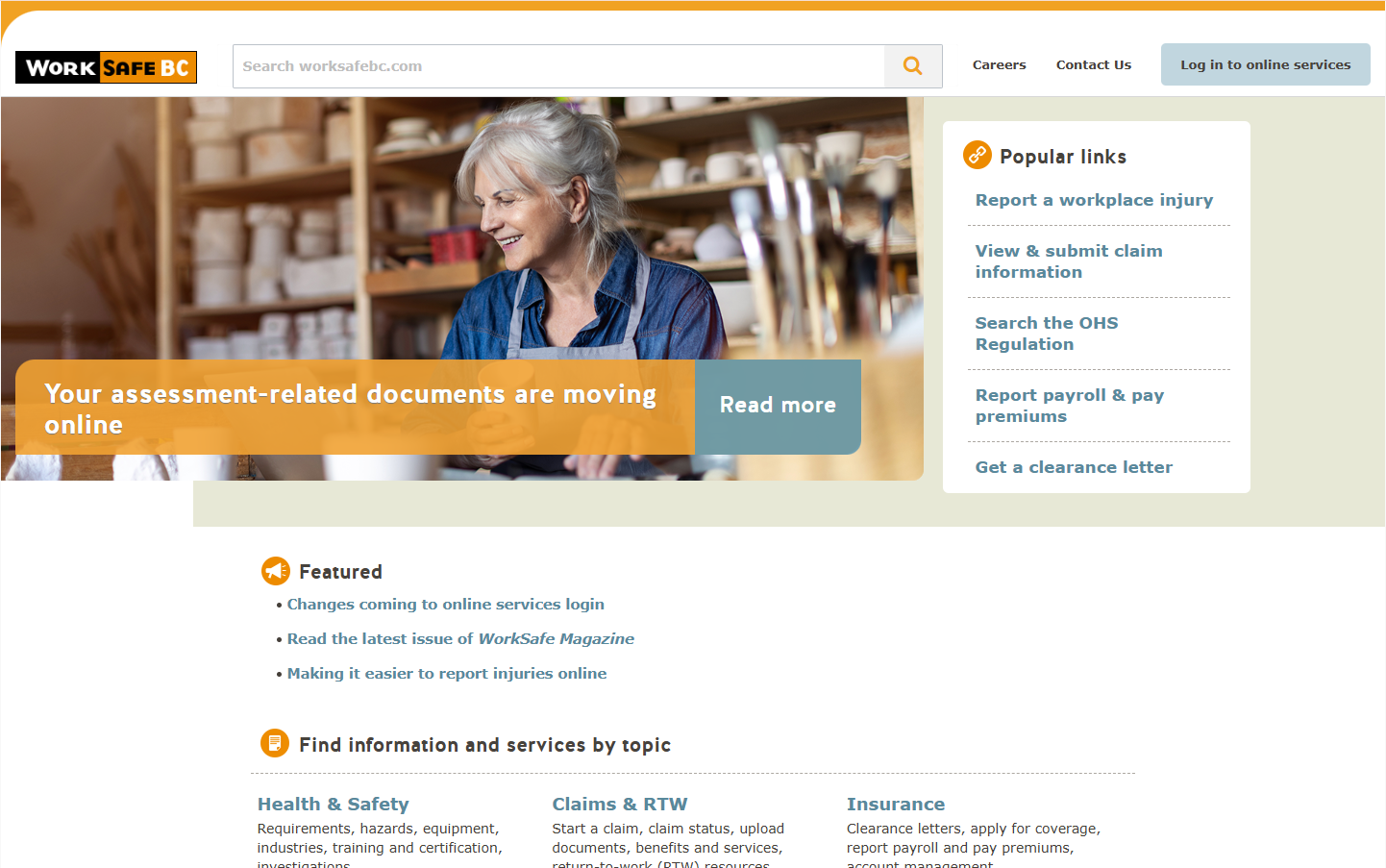 WorkSafeBC main page showing premiums for professional services